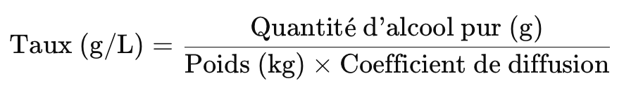 Calcul du taux d’alcoolémie :
taux (g/L) = Quantité d'alcool pur (g) / (poids (kg) x coefficient de diffusion)